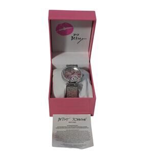 NWT Betsey Johnson Women's Watch  Silver-Tone Crystal Bezel Pink Dial Gift Glam
